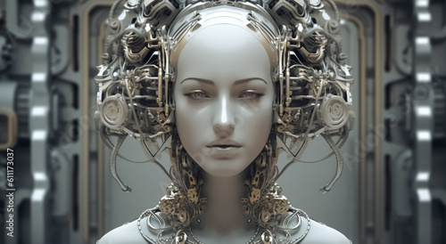 sight of a futuristic cyborg girl, her head adorned with metallic and bress gear, evoking a mesmerizing fantasy image. Generative AI.