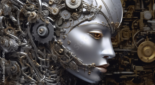 sight of a futuristic cyborg girl, her head adorned with metallic and bress gear, evoking a mesmerizing fantasy image. Generative AI.