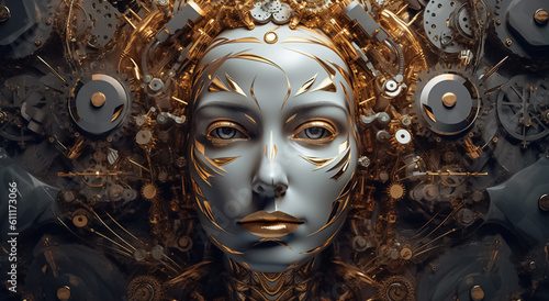 sight of a futuristic cyborg girl, her head adorned with metallic and bress gear, evoking a mesmerizing fantasy image. Generative AI. © Surachetsh