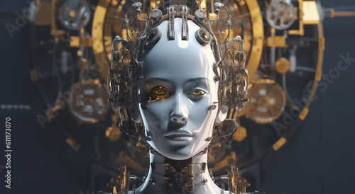 sight of a futuristic cyborg girl, her head adorned with metallic and bress gear, evoking a mesmerizing fantasy image. Generative AI. © Surachetsh
