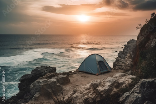 A tent on a cliff at sunset with the sun setting behind it. Generative ai