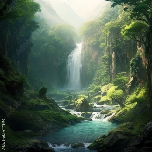 Green jungle in a valley with a waterfall. Generative AI.