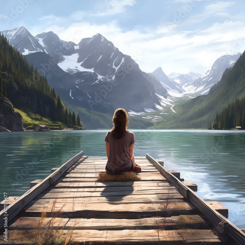 Person sitting at the end of a dock looking out at a lake. Generative AI. © Jeremy