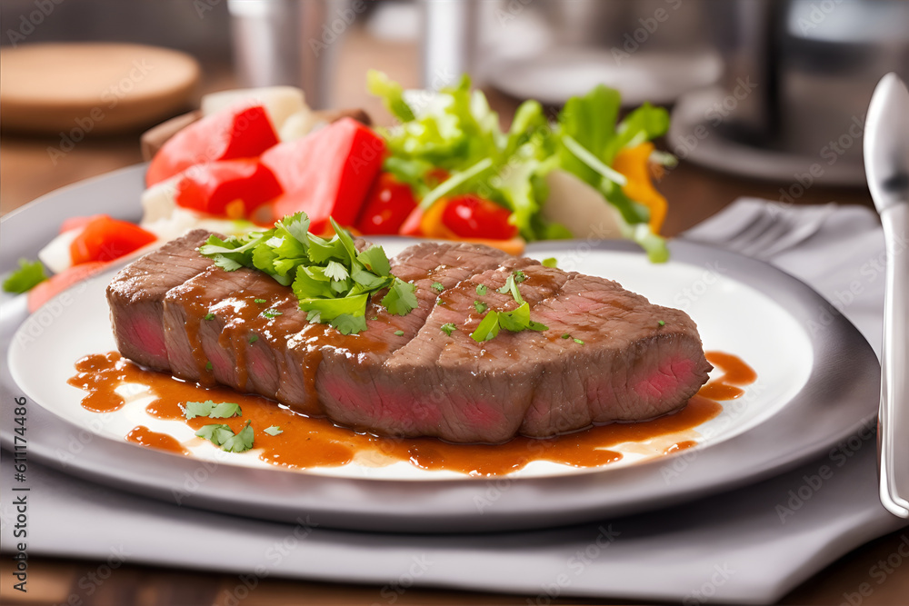 picture of beef steak on the table, looks delicious and tempting. AI generated picture of beef steak on the table, looks delicious and tempting. AI generated