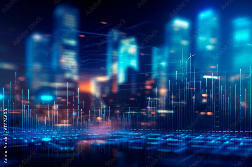graph, statistical diagram neon blue lighting with financial indicators and investment city blurred in background. AI generated graph, statistical diagram neon blue lighting with financial indicators and investment city blurred in background. AI generated
