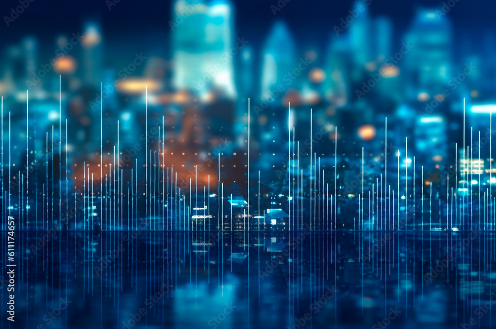 graph, statistical diagram neon blue lighting with financial indicators and investment city blurred in background. AI generated graph, statistical diagram neon blue lighting with financial indicators and investment city blurred in background. AI generated