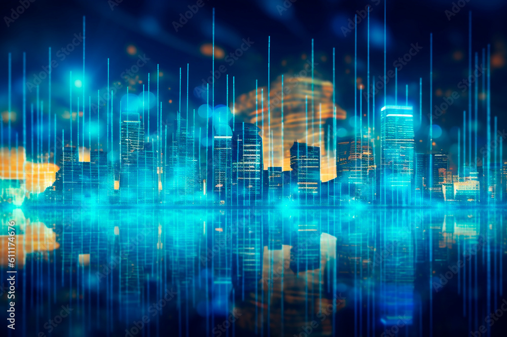 Fototapeta premium graph, statistical diagram neon blue lighting with financial indicators and investment city blurred in background. AI generated