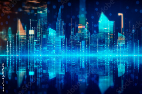 graph, statistical diagram neon blue lighting with financial indicators and investment city blurred in background. AI generated © AGPhotography