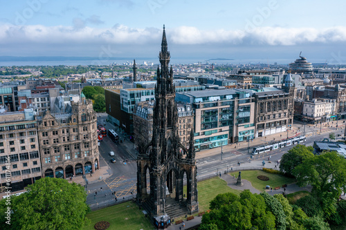 Aerial View of the Scott Monument in the Princess Street Gardens in Edinburgh Scotland