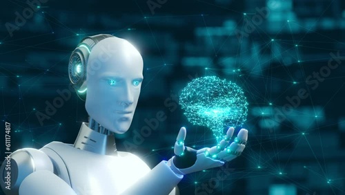アンドロイドの手のひらの上で光るホログラムの頭脳 / 進化するAI・人工知能の3Dモーショングラフィックス / A holographic brain that glows in the palm of an android. 3D motion graphics of evolving AI.
