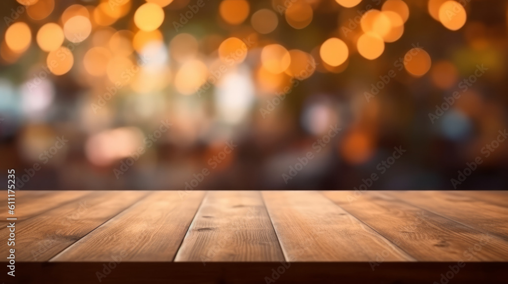 A rustic wooden table with bokeh lights in the background. Generative ai