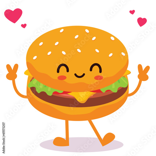 Happy smiling Kawaii cute burger. Vector flat cartoon character illustration icon design. Isolated on white background. burger, fast food