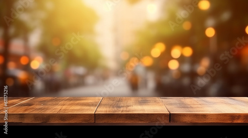 A wooden table top with a blurred cityscape in the background. Generative ai