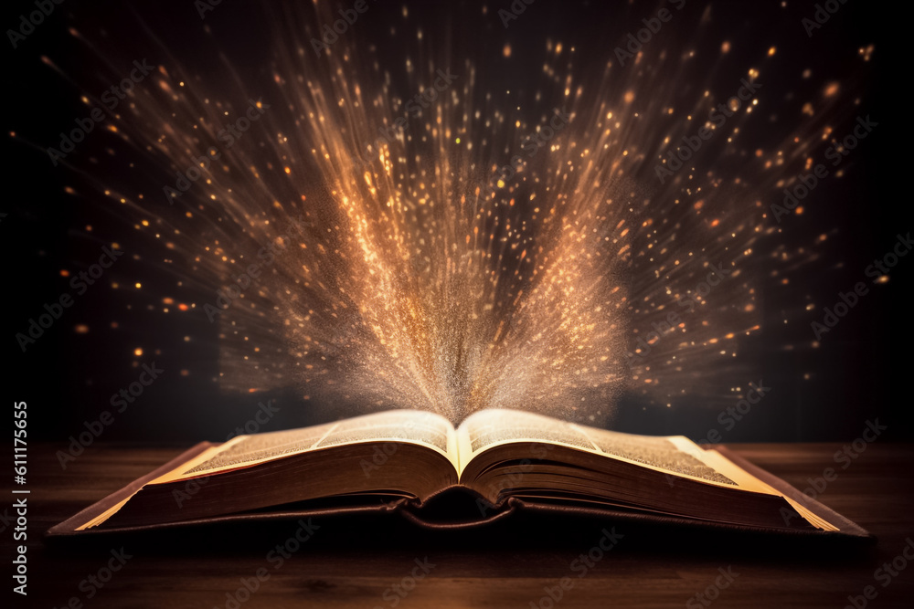 the enchantment of an open book, as sparkling golden dust dances atop its illuminated pages. Generative AI. the enchantment of an open book, as sparkling golden dust dances atop its illuminated pages. Generative AI.
