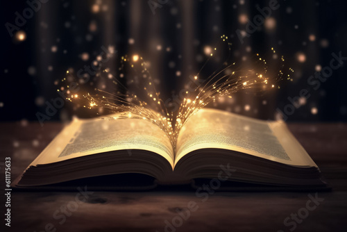 the enchantment of an open book, as sparkling golden dust dances atop its illuminated pages. Generative AI.