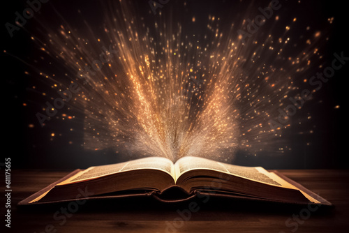 the enchantment of an open book, as sparkling golden dust dances atop its illuminated pages. Generative AI. © Surachetsh