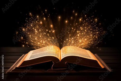 the enchantment of an open book, as sparkling golden dust dances atop its illuminated pages. Generative AI.