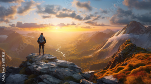 A person standing triumphantly on a mountain peak with a scenic view. Generative ai