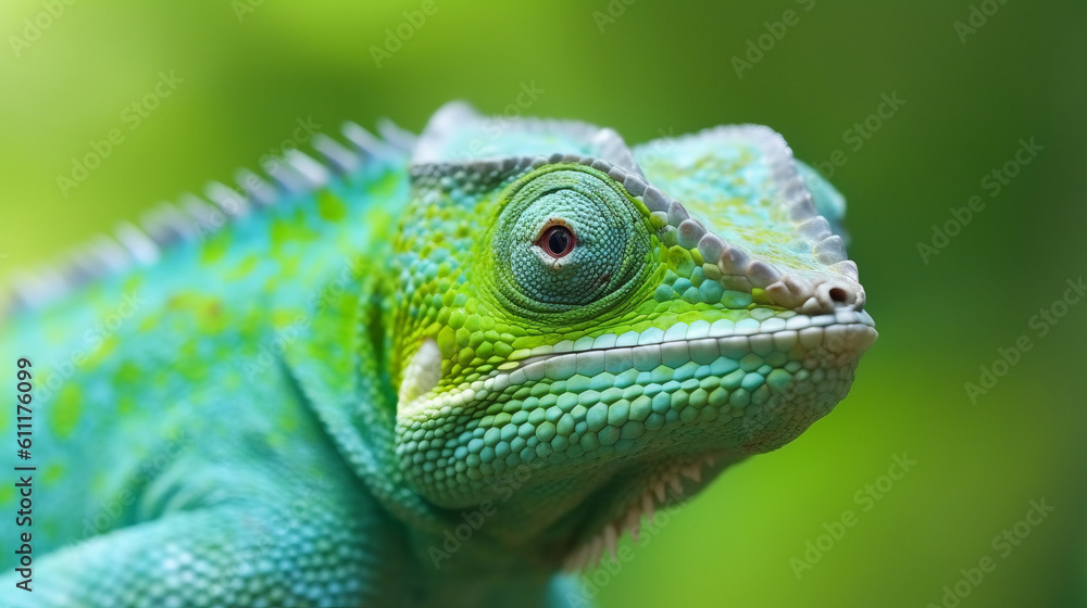 A vibrant green chameleon perched on a tree branch in a natural habitat. Generative ai A vibrant green chameleon perched on a tree branch in a natural habitat. Generative ai