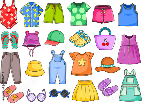 A collection of vibrant and playful illustrations depicting various clothing items suitable for summertime. 