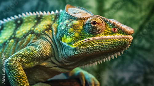 A vibrant green and yellow chameleon up close. Generative ai © cac_tus