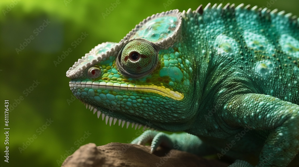 Obraz premium A green chameleon perched on a branch in its natural habitat. Generative ai