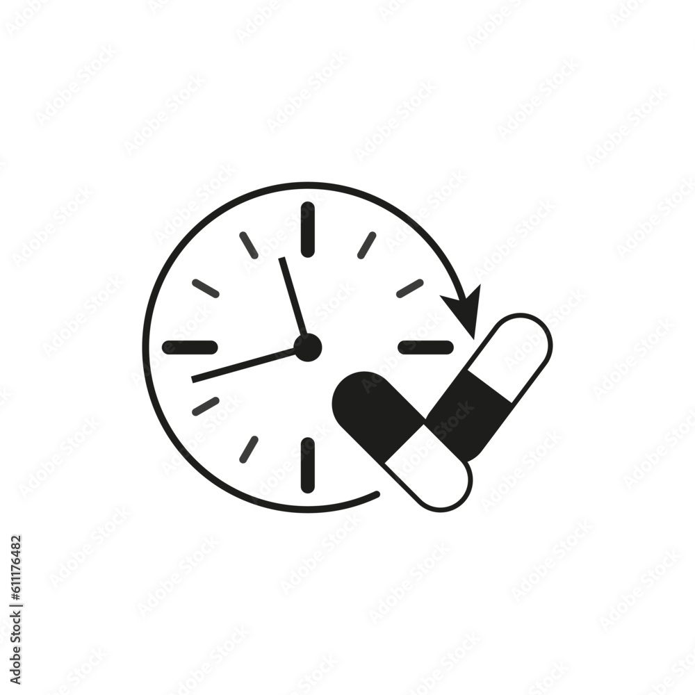 time taking dose medication icon, hour pills treatment, ingestion tablets reminder. Vector illustration. Stock image. time taking dose medication icon, hour pills treatment, ingestion tablets reminder. Vector illustration. Stock image.