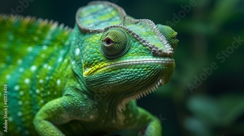 A close up of a green chameleon perched on a branch in its natural habitat. Generative ai © cac_tus