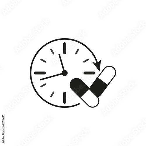 time taking dose medication icon, hour pills treatment, ingestion tablets reminder. Vector illustration. Stock image.