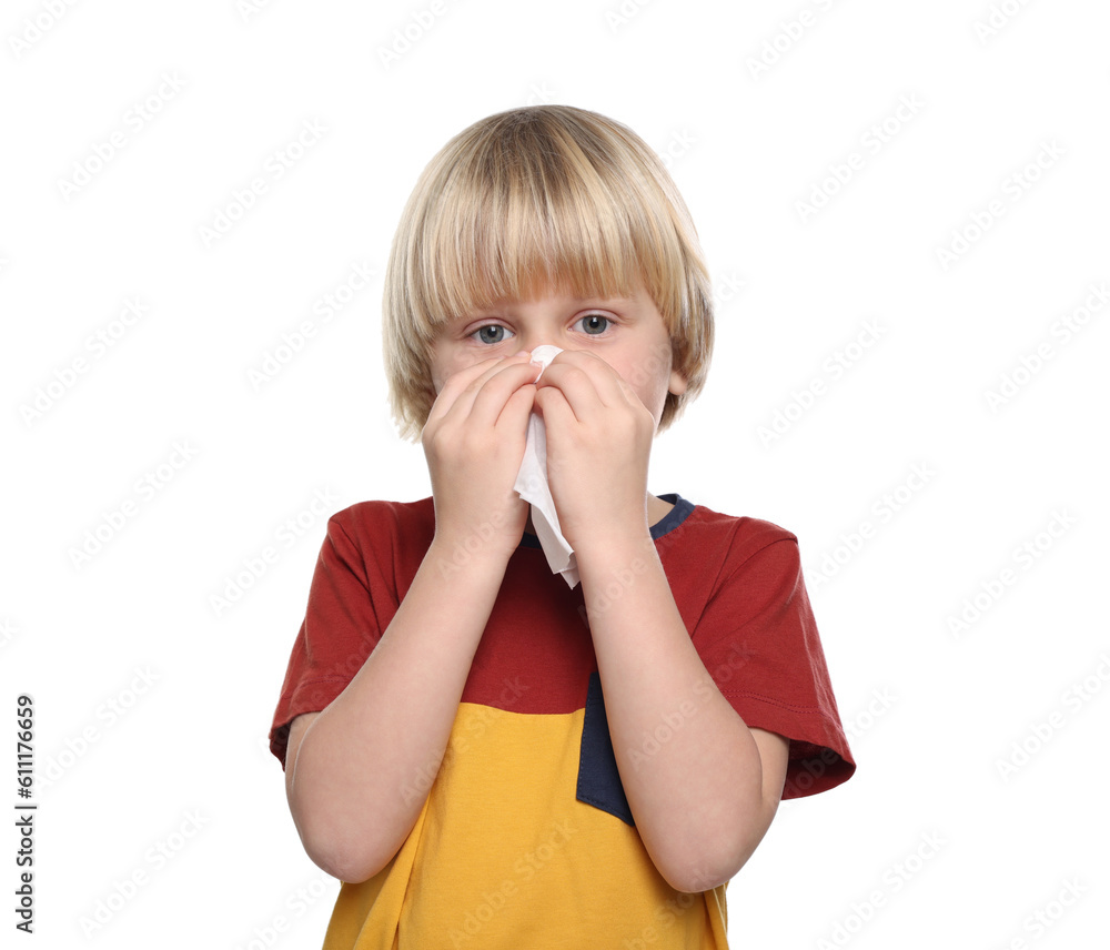 Boy blowing nose in tissue on white background. Cold symptoms Boy blowing nose in tissue on white background. Cold symptoms