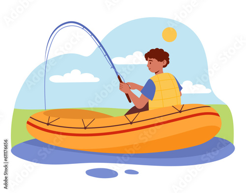 Boy fisherman on boat concept. Young guy with fishing rod sits on inflatable orange boat in lake or river. Active lifestyle and recreation, sports. Fishing outdoor. Cartoon flat vector illustration