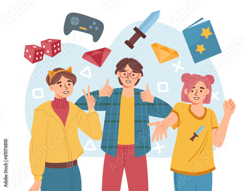 Geek day vector concept. Boys and girl with game elements. Sword and diamonds, gemstone. Entertainment and recreation. Virtual reality, cyberspace and metaverse. Cartoon flat illustration