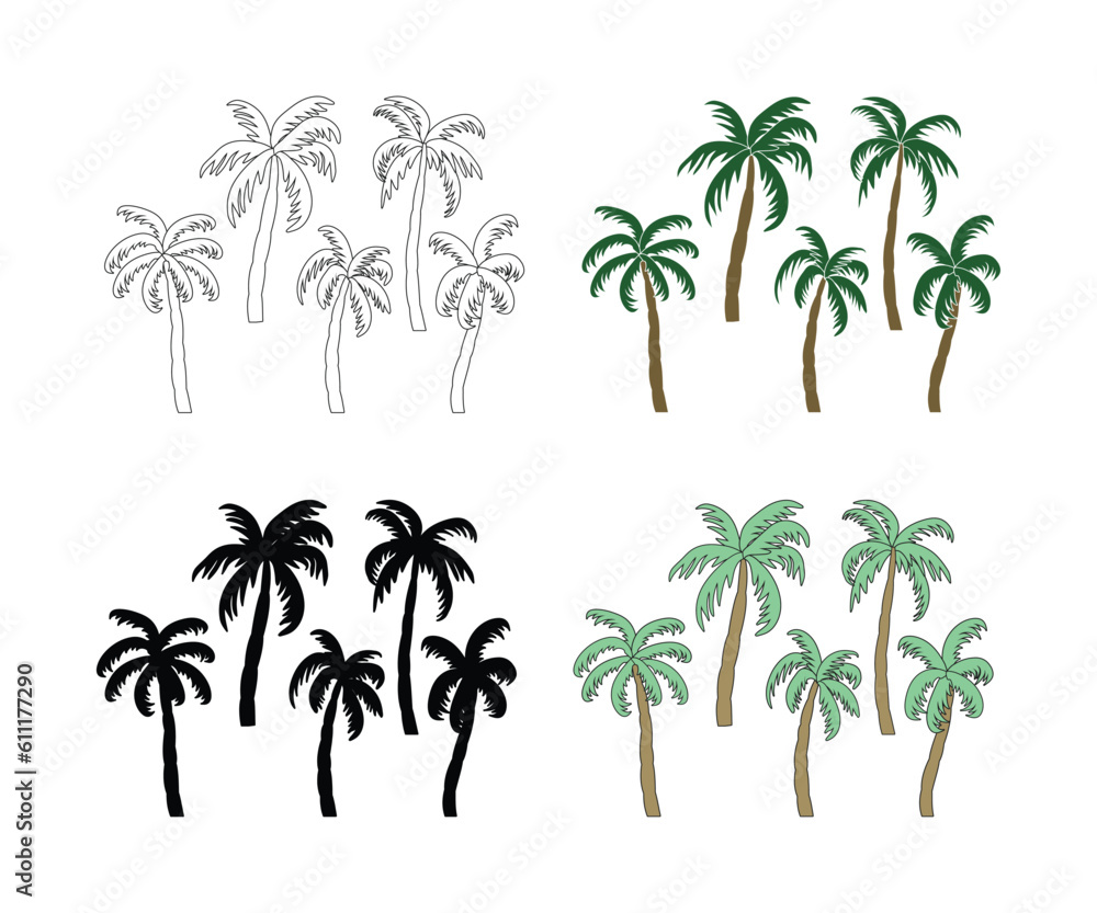 Tropical Paradise Palm Tree Vector Clipart Collection, palm tree silhouette, Colorful Vector Illustration of summer seasonal palm tree.