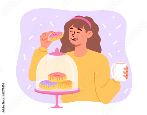 Woman eating donuts with tea concept. Young girl with mug of hot drink near sweetness. Homemade bakery and floor products. Character with dessert and delicacy. Cartoon flat vector illustration