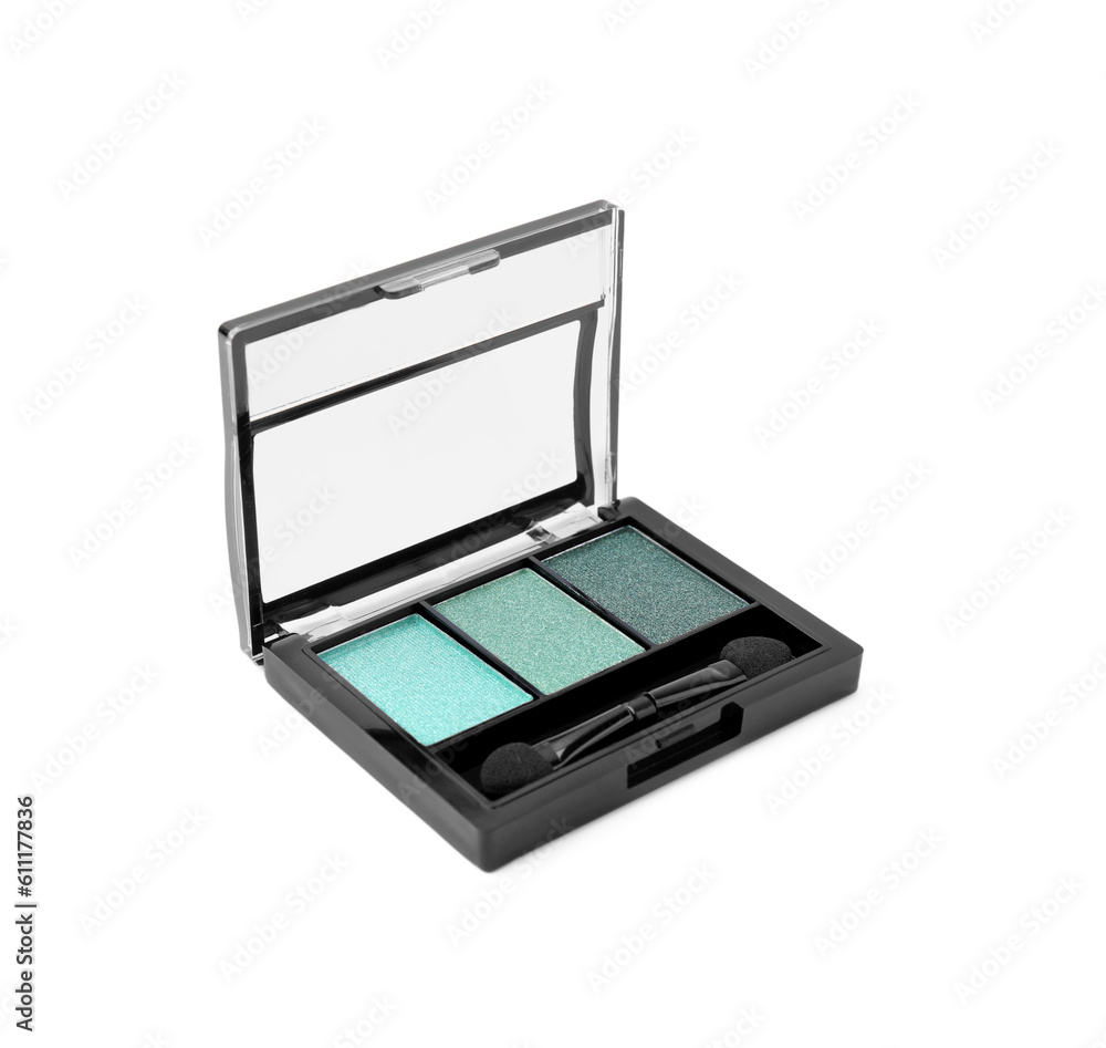 Beautiful eye shadow palette with brush isolated on white Beautiful eye shadow palette with brush isolated on white