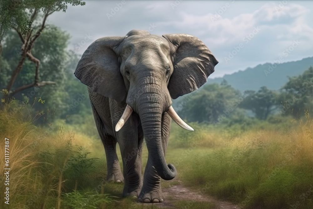 Fototapeta premium elephant walking with nice landscape