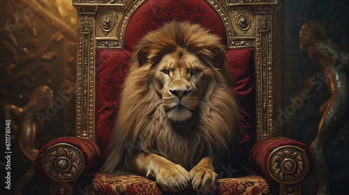 A majestic lion seated on a vibrant red chair. Generative ai