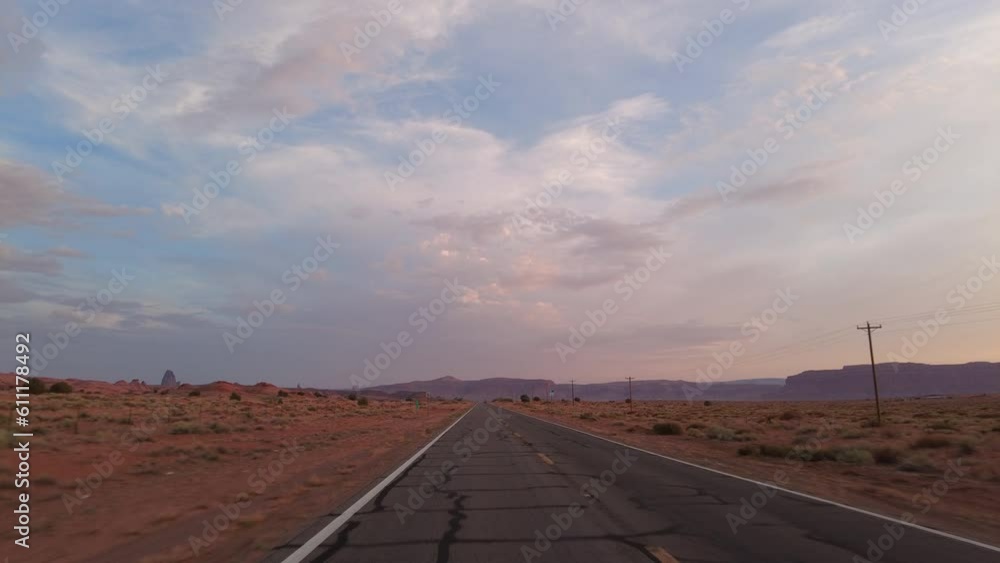 Driving Plate Monument Valley Scenic Drive Highway 163 Sunset Northbound Multicam Set 12 Rear View Arizona Utah Southwest USA Driving Plate Monument Valley Scenic Drive Highway 163 Sunset Northbound Multicam Set 12 Rear View Arizona Utah Southwest USA