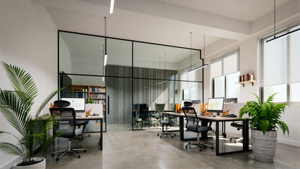 Modern small office interior with white walls and concrete floors, 3d rendering