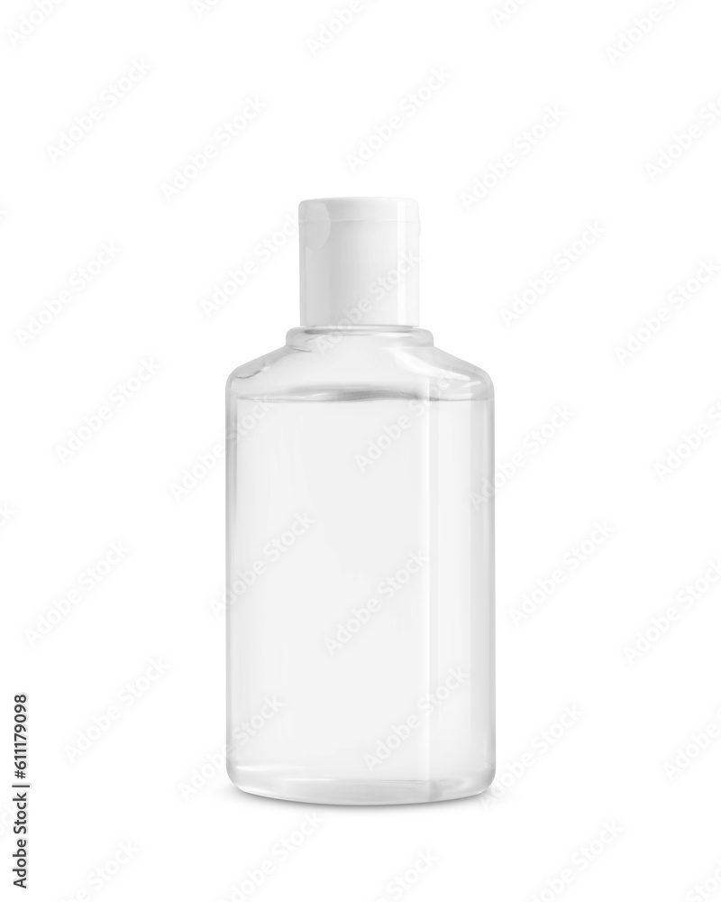 Transparent bottle with cosmetic product on white background Transparent bottle with cosmetic product on white background