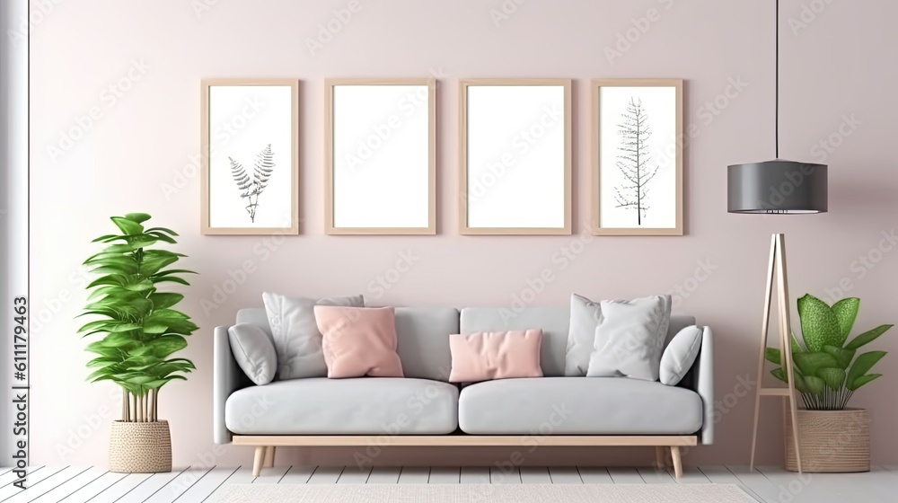 Fototapeta premium mock-up of empty poster frames in a contemporary living room with a scandinavian design, Generative AI