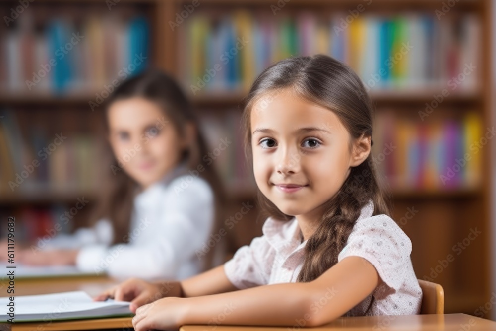 Back to School: Smiling committed elementary schoolgirl posing looking at the camera at her classroom with her classmate in the background. Generative AI Back to School: Smiling committed elementary schoolgirl posing looking at the camera at her classroom with her classmate in the background. Generative AI