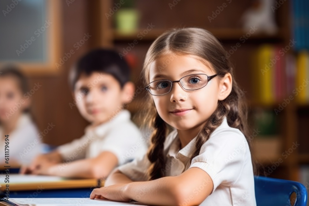 Back to School: Smiling elementary schoolgirl posing looking at the camera at her classroom with her classmate in the background. Generative AI Back to School: Smiling elementary schoolgirl posing looking at the camera at her classroom with her classmate in the background. Generative AI