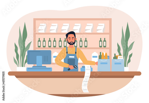 Cashier at checkout concept. Man standing near atm and computer. Young guy sells groceries. Shop or supermarket employee, salesperson. Cashless payment. Cartoon flat vector illustration