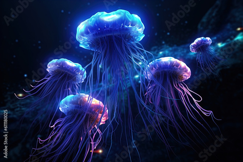 Deep Blue Sea Jellyfish. Generative AI
