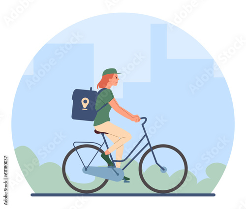 Courier on bicycle outdoor concept. Man with green backpack rides bike. Online shopping and home delivery. Transportation and logistics, electronic commerce. Cartoon flat vector illustration