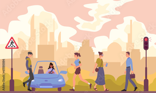 People walking at crosswalk concept. Men and women walk along pedestrian crossing to traffic light. Urban infrastructure, people at road, crowd. Cartoon flat vector illustration