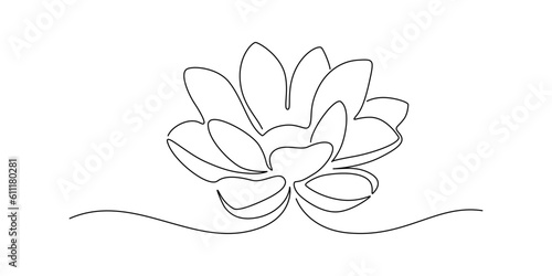 Flower lotus in one continuous line drawing. Logo yoga studio and wellbeing spa salon concept in simple linear style. Water lily in editable stroke. Doodle vector illustration