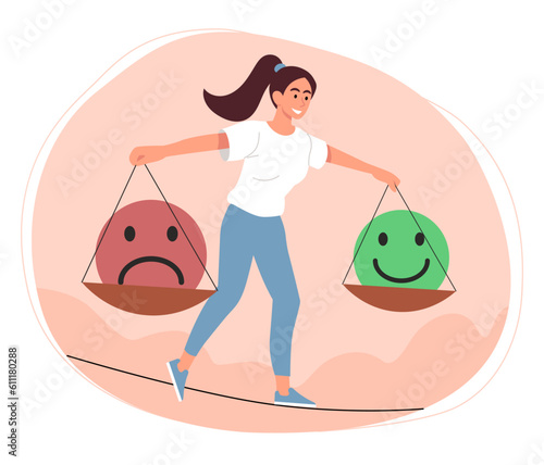 Woman with emotional balance concept. Young girl with sad and cheerful smiley on scales. Psychology mental health, awareness. Feelings and emotions, mood. Cartoon flat vector illustration