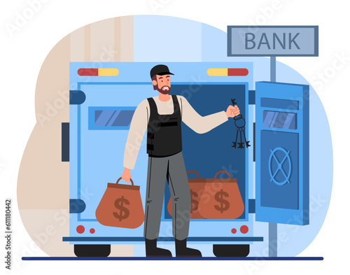 Encashment man near bank concept. Man with bags of money near armored car. Security guard and worker with cash dollars. Professional bank staff in bulletproof uniform. Cartoon flat vector illustration